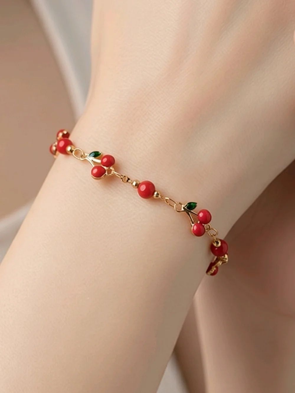 Cherry Charm Bracelet Gold Dainty Fruit Bracelet Red Beaded Coquette Jewelry